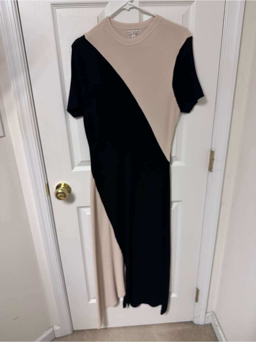 New York & Company Black and Beige Diagonal Colorblock Midi Dress